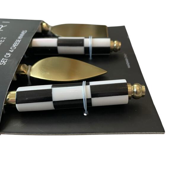 Tahari Home Set of 4 Cheese Knives Black & White Checkered Gold Glam New - Picture 2 of 8